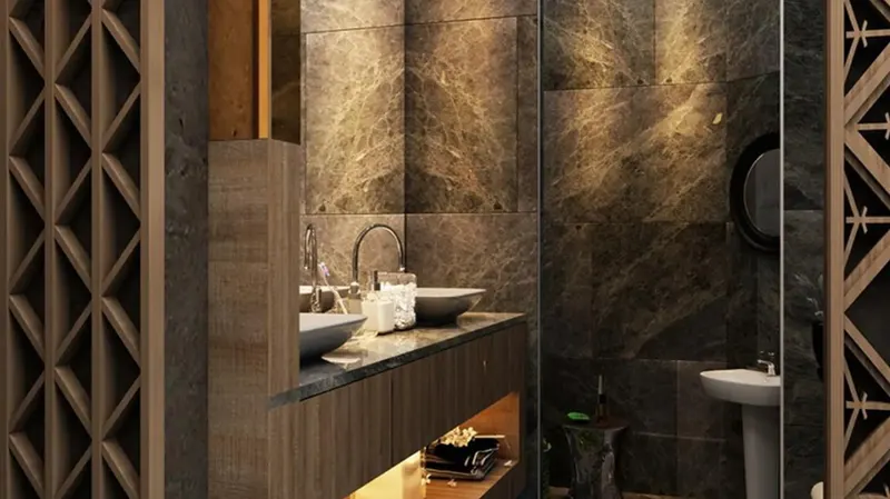 Bathroom with dark marble walls and timber lattice screens in a private villa, Jeddah