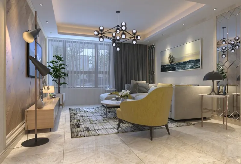 Living room in a private villa with a yellow armchair