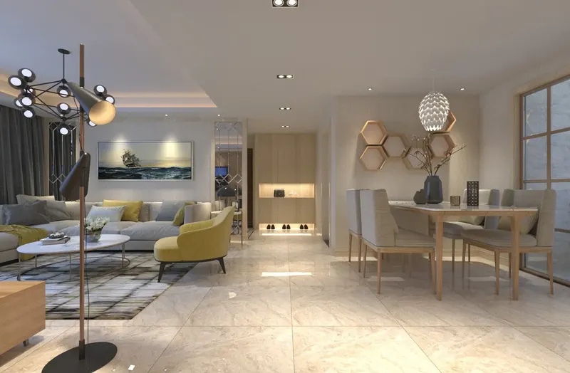Living room open to a dining area in a private villa