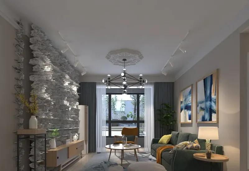 Living room with a grey stone feature wall in a private villa