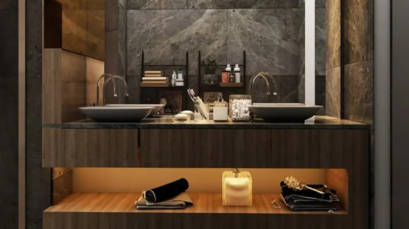 Double vanity with a lit timber cabinet in a private villa bathroom, Jeddah