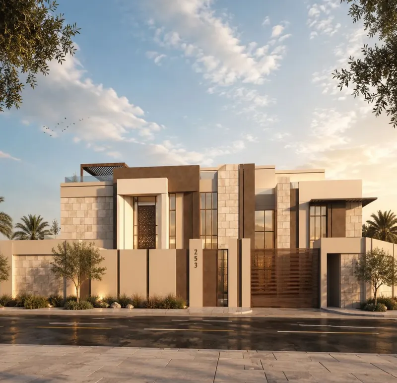 واجهة فيلا سكنية بطراز معاصر في الخبر نهارًا