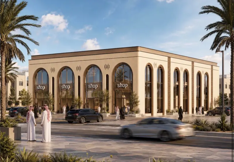 Corner showroom building with tall arches